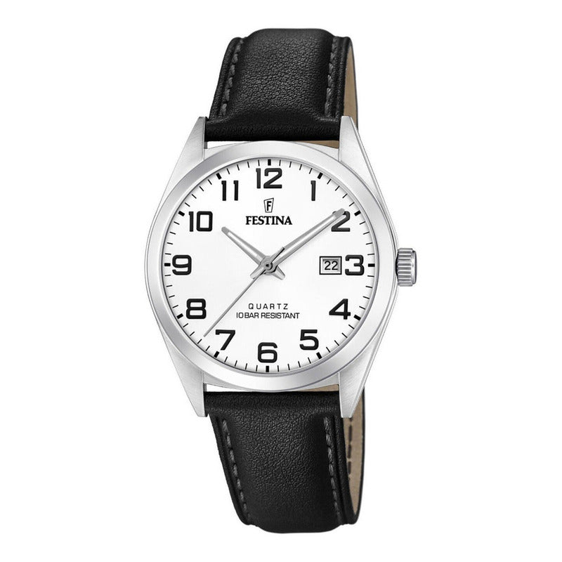Reloj Pulsera Festina F20446 Con Correa De Cuero Color Negro - Fondo Blanco - Bisel Plateado