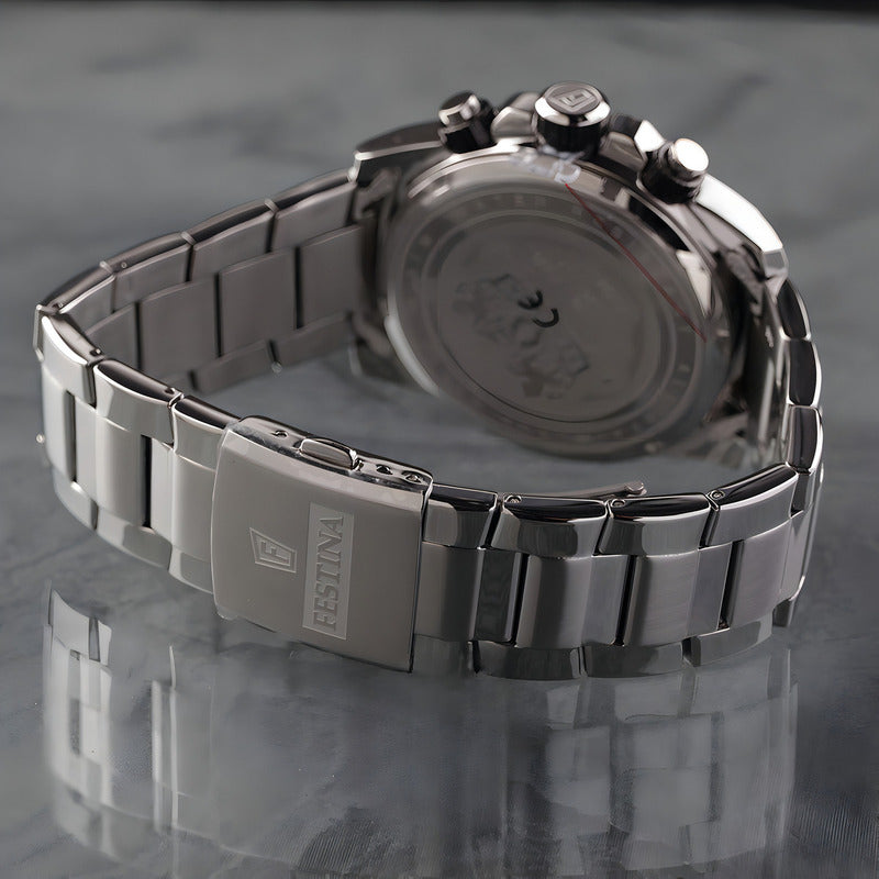 Reloj Pulsera Festina F20463 Con Correa De Acero Inoxidable Color Plateado - Fondo Negro