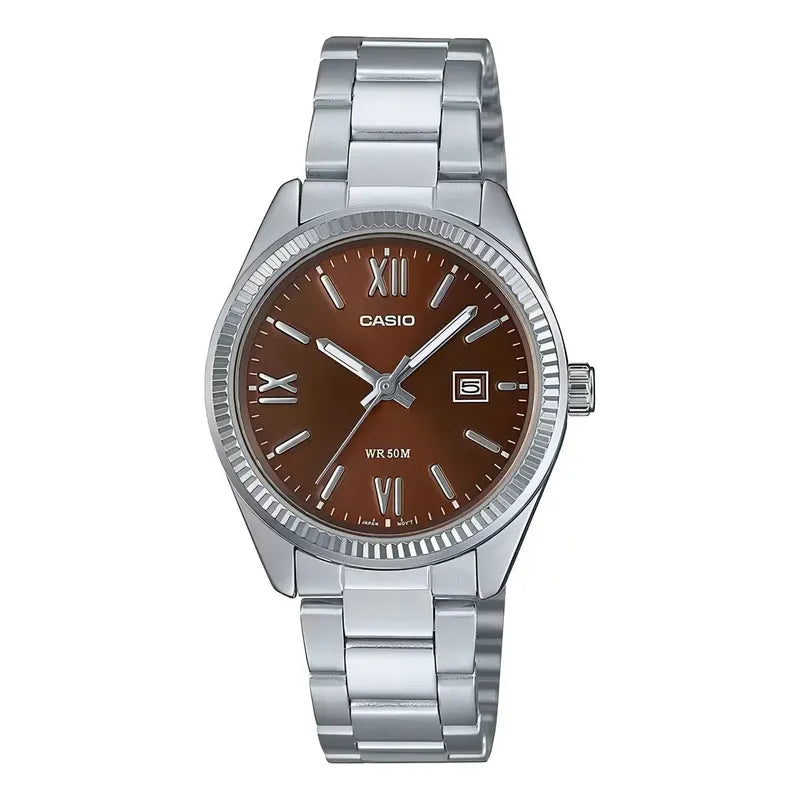 Reloj Casio Para Mujer Ltp-1302dd-5a De Acero, Con Fondo Bordó Plateado