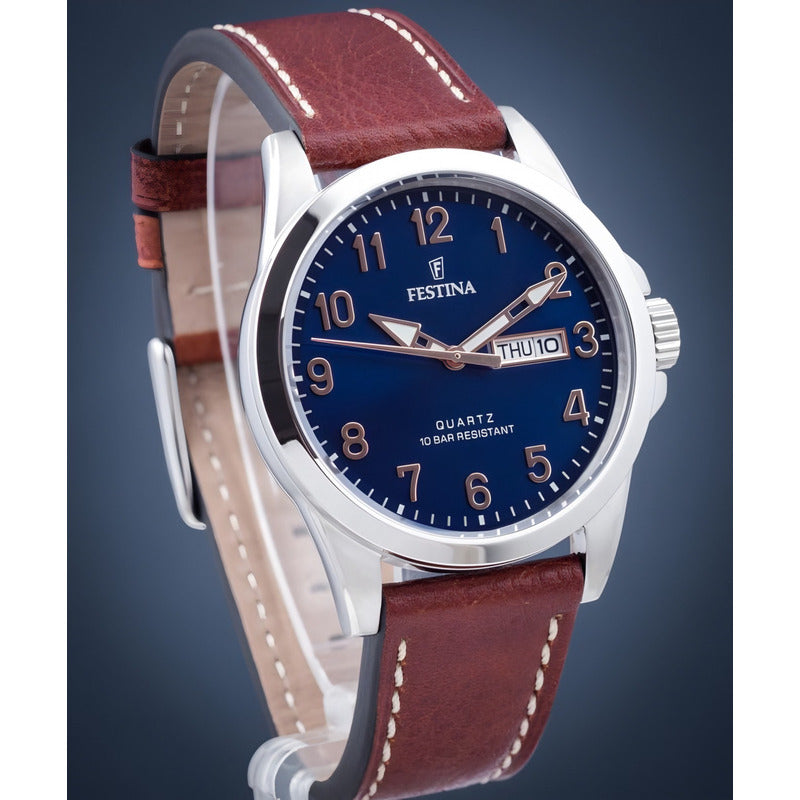 Reloj Pulsera Festina F20358-3 Con Correa De Cuero Color Marrón - Fondo Azul - Bisel Plata