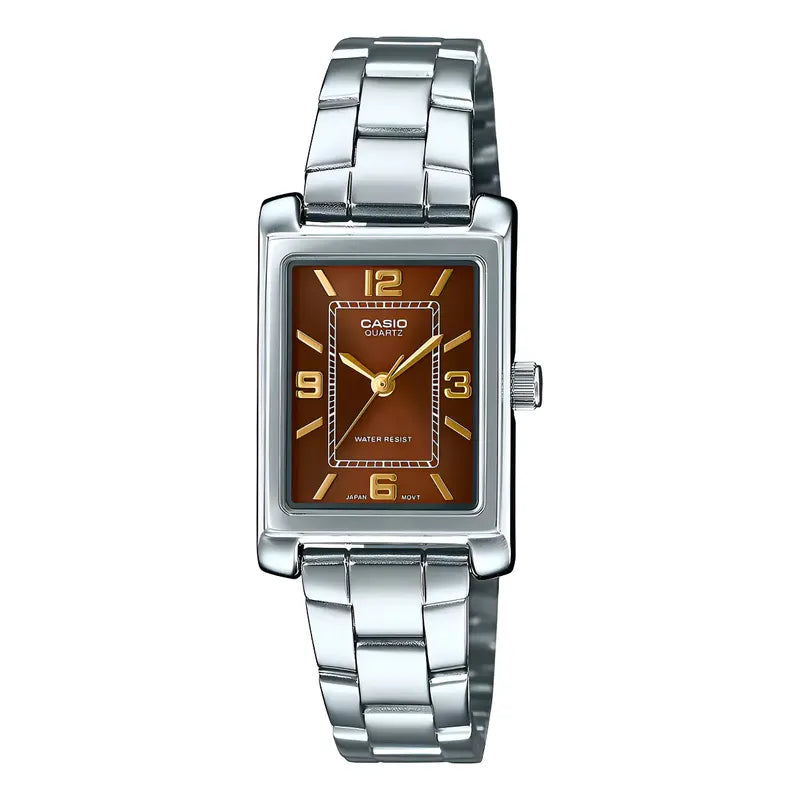 Reloj Mujer Casio Ltp-1234dd-5adf Core Ladies Original Plateado Marrón
