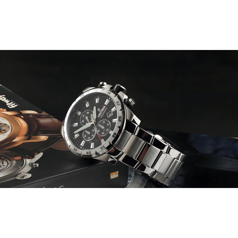 Reloj Pulsera Festina F20463 Con Correa De Acero Inoxidable Color Plateado - Fondo Negro