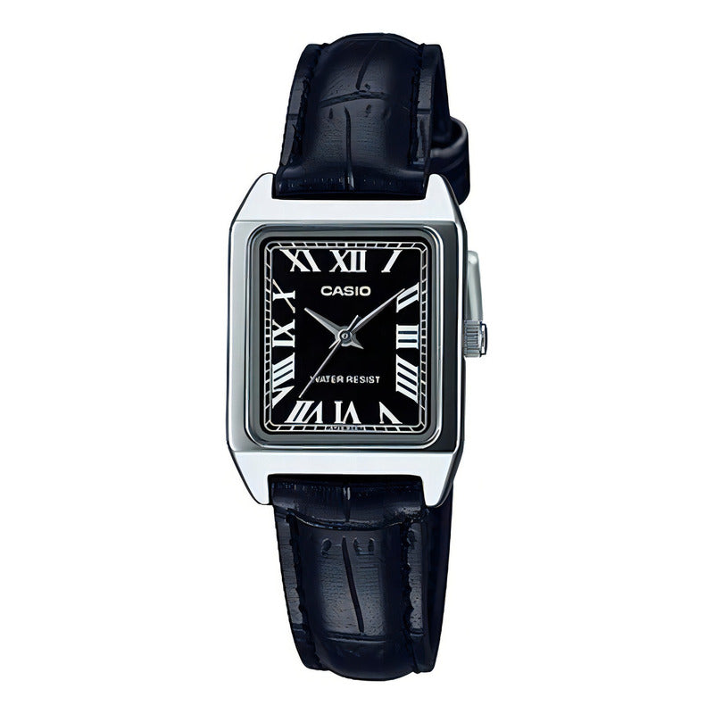 Reloj Casio Dama Correa Piel Genuina Ltp-v007l-1bu Negro Plateado