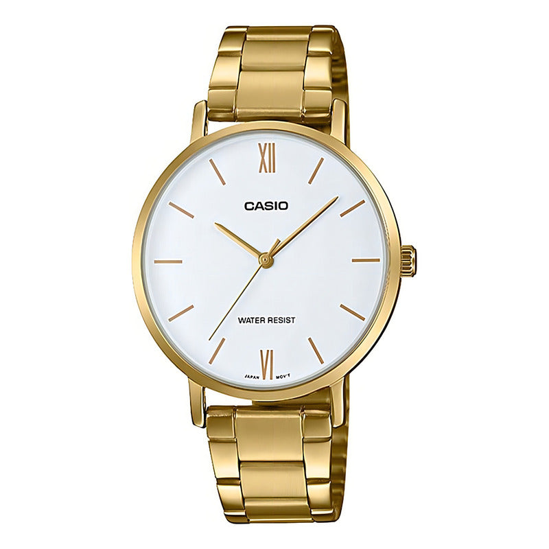 Reloj Casio Clásico Análogo Para Mujer De Acero Inoxidable Dorado Con Fondo Blanco