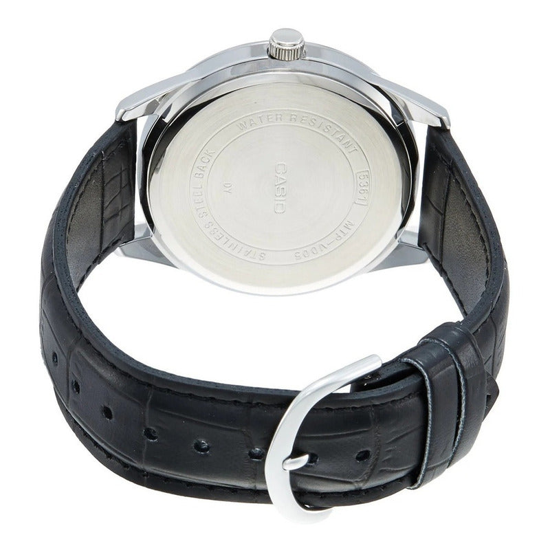 Reloj Pulsera Casio Mtp-v002l-1bu Con Correa De Cuero Color Negro - Bisel Plateado