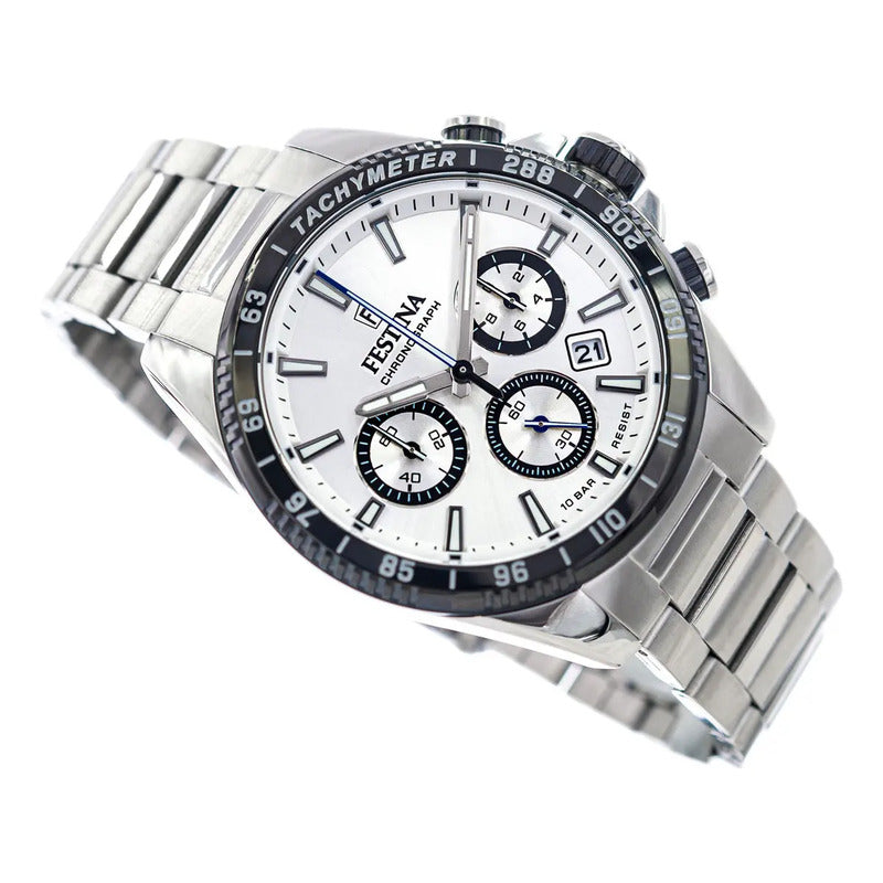 Reloj Festina Hombre Ceramic Cronografo !!! Malla Plateado Bisel Negro Fondo Blanco