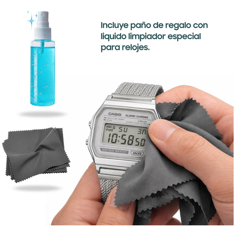 Reloj Casio Vintage A158wem7dg De Acero Inoxidable Con Malla Trenzada Y Alarma Plateado Gris Beige