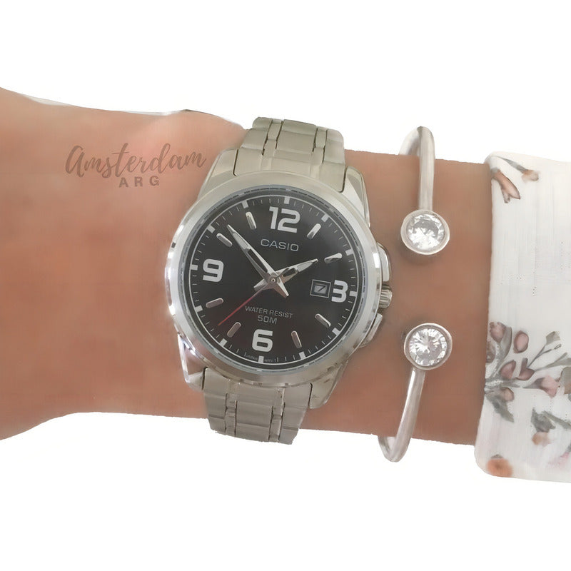 Reloj Casio Dama Ltp-1314d-1a - Acero Inoxidable - Fechador Plateado Negro