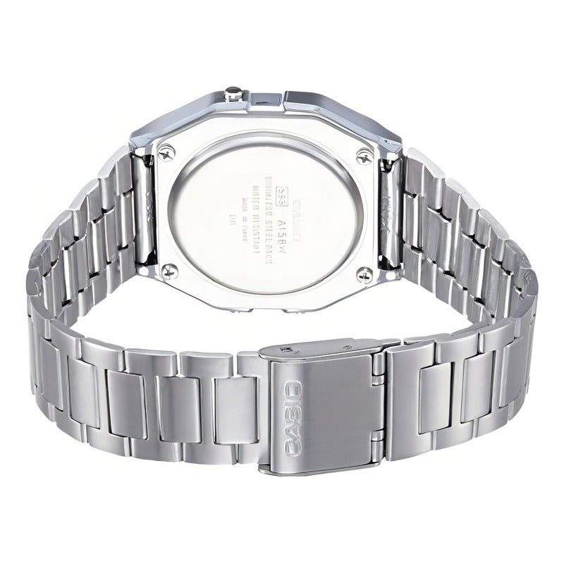Reloj Retro Casio A158wa-1 Relojesymas Correa Plateado Bisel Plateado Fondo Gris