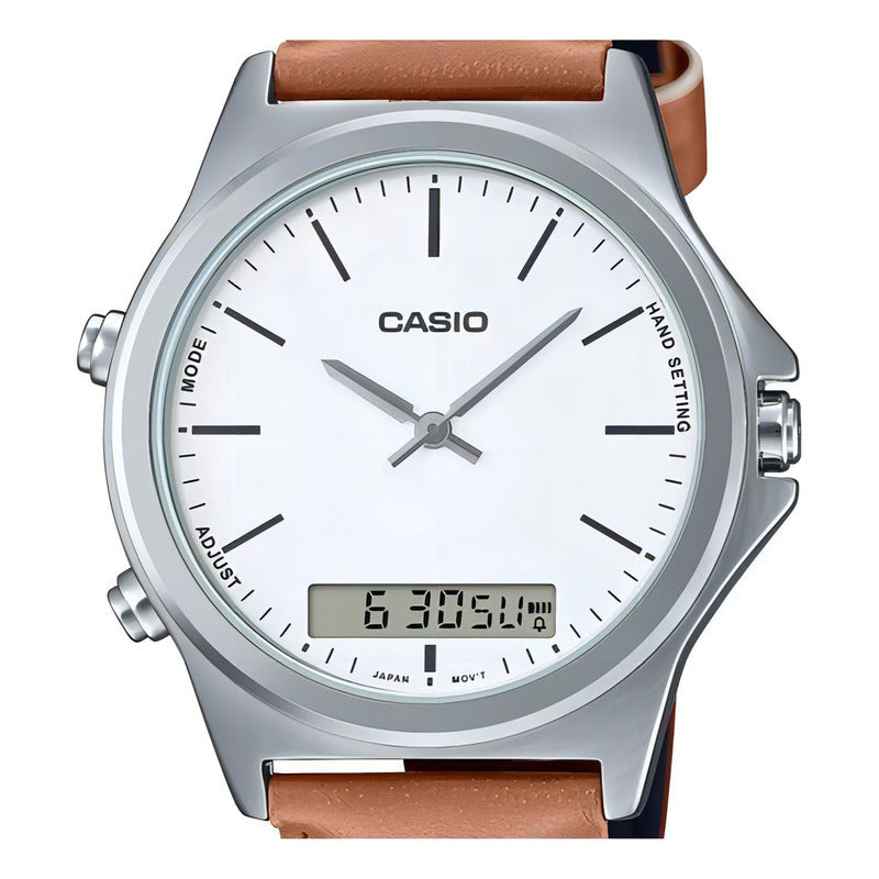 Reloj Casio Digital-análogo Hombre Mtp-vc01l-7e Color De La Correa Marrón Color Del Bisel Plateado Color Del Fondo Blanco