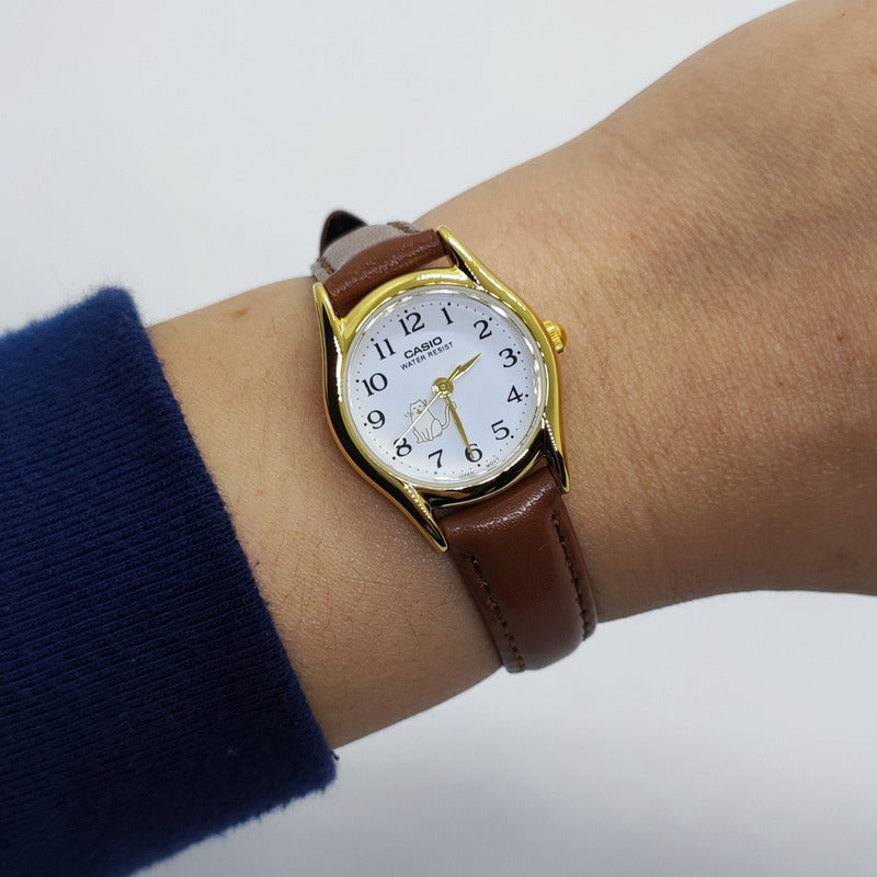 Reloj Casio Ltp-1094q-7b8rd Mujer Correa Piel Marrón Full Dorado Blanco