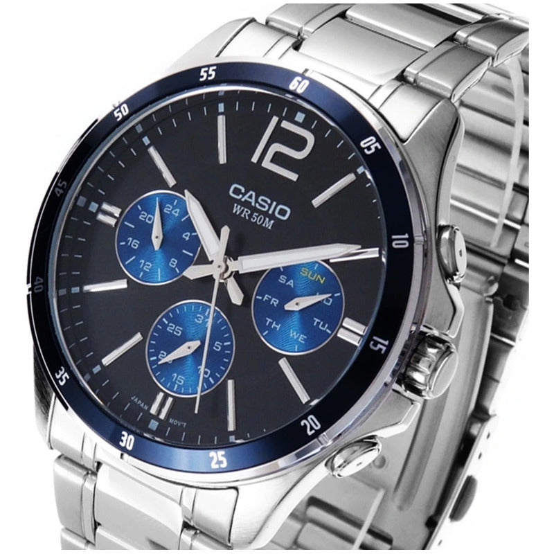 Reloj Casio Mtp1374d-2avdf Cuarzo Hombre Color De La Correa Plateado Color Del Bisel Negro Color Del Fondo Azul Marino