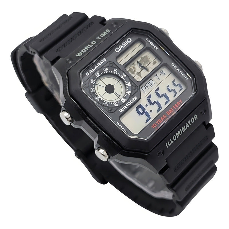 Reloj Pulsera Digital Casio Ae-1200wh-1a Con Correa De Resina Color Negro - Fondo Gris