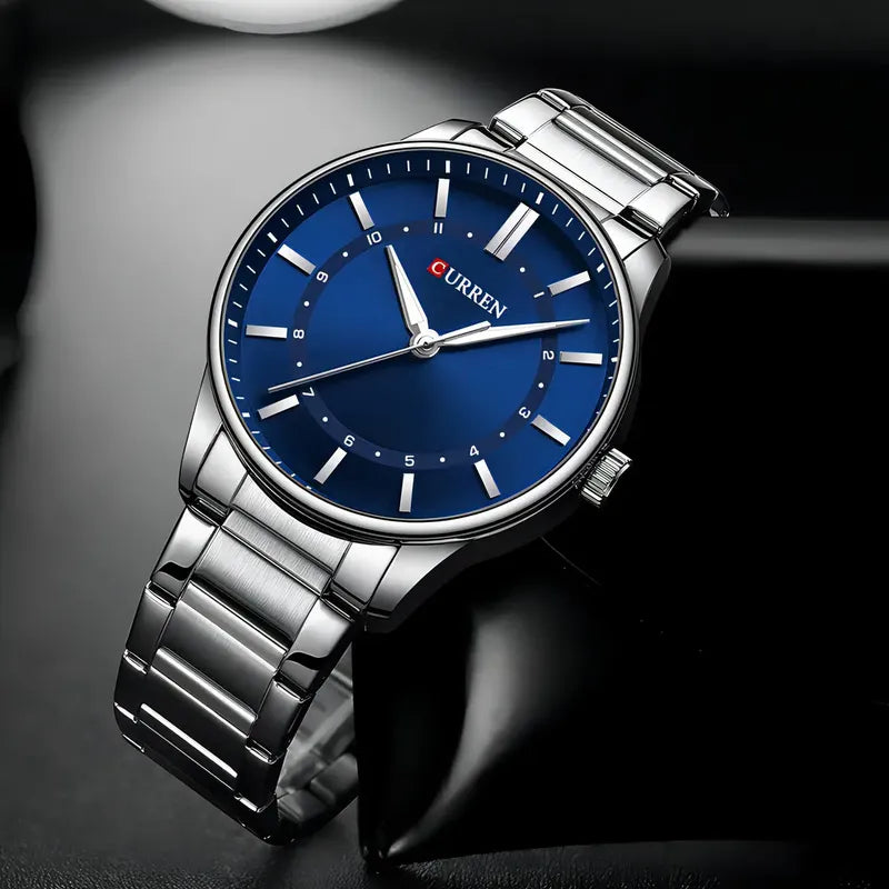 Relojes Casuales De Cuarzo Inoxidable Curren 8430 Para El Hogar Con Fondo Plateado/azul Negro