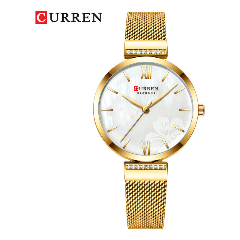 Reloj Curren De Cuarzo Inoxidable De Malla Elegante Para Muj Color De La Correa Dorado Blanco