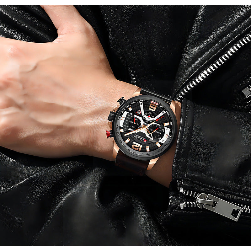 Reloj Pulsera Curren 8329 Con Correa De Cuero Color Marrón - Fondo Negro - Bisel Negro/gris