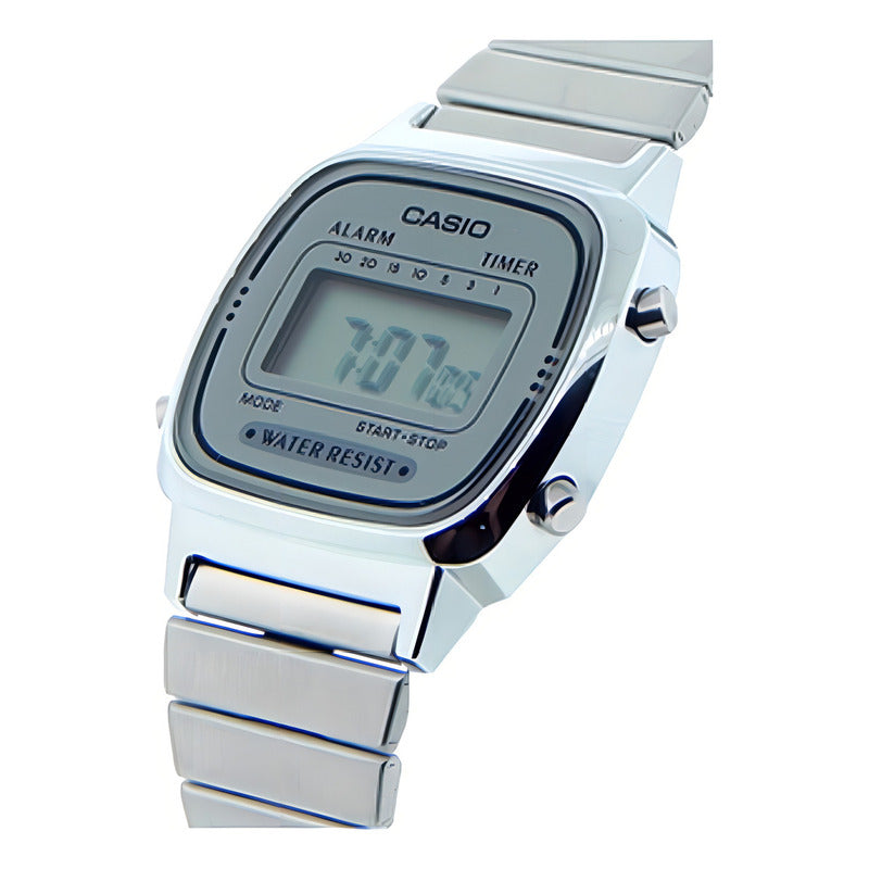 Reloj Pulsera Digital Casio La670wa-7df Con Correa De Acero Color Plata - Fondo Gris - Bisel Plateado