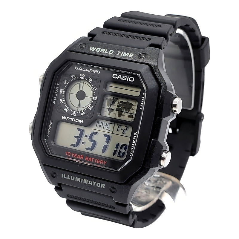Reloj Pulsera Digital Casio Ae-1200wh-1a Con Correa De Resina Color Negro - Fondo Gris