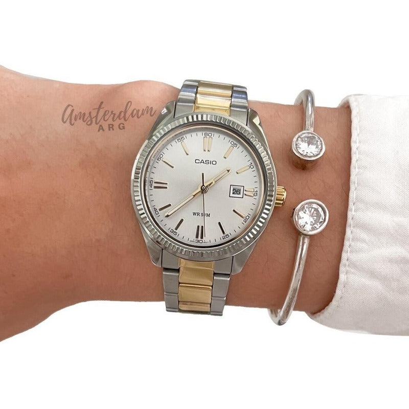 Reloj Casio Mujer Ltp-1302sg-7avdf Bicolor Plateado Blanco