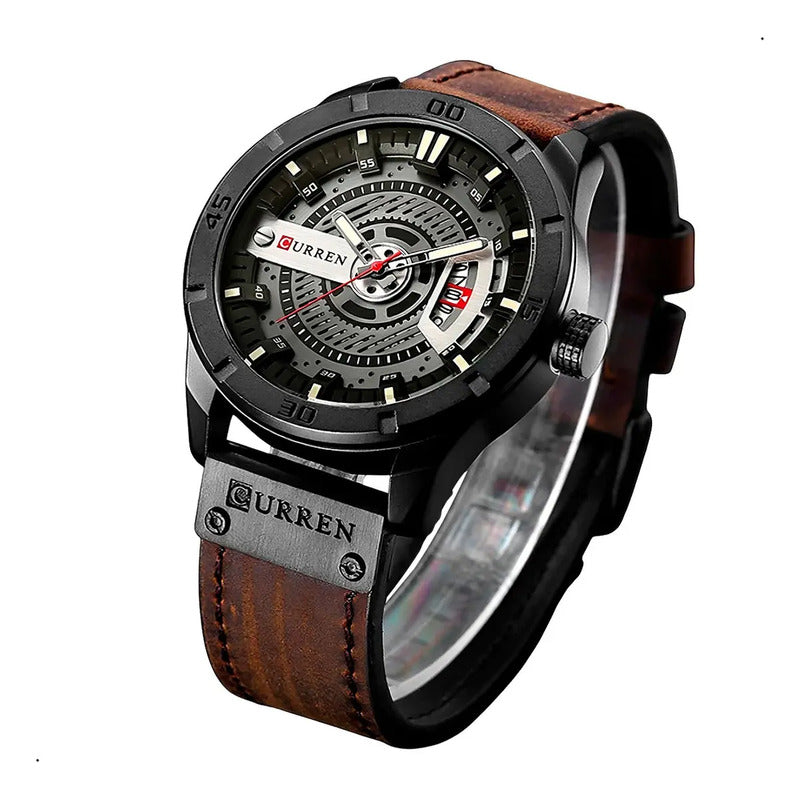 Reloj Para Hombre Curren 8301 Con Correa De Cuero Correa Marrón Bisel Marrón Fondo Marrón