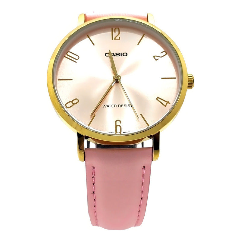 Reloj De Pulsera Casio Dress Ltp-vt01gl-4b De Cuerpo Color Dorado, Analógico, Para Mujer, Fondo Rosa, Con Correa De Cuero Color Rosa, Agujas Color Dorado, Dial Dorado, Bisel Color Dorado