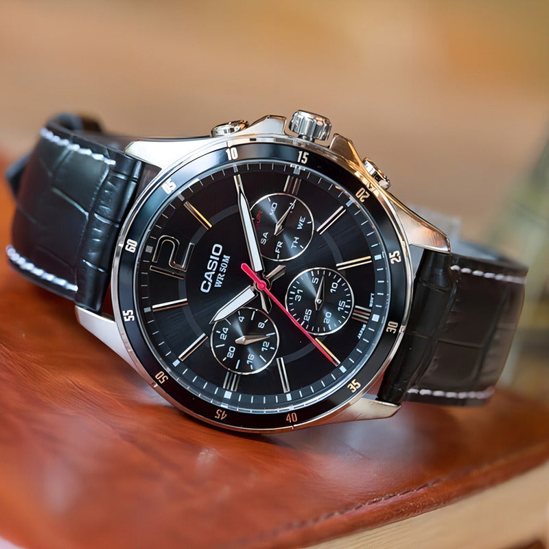 Reloj Casio Mtp-1374l-1a Hombre Multifuncion Acero Cuero 50m Wr Negro
