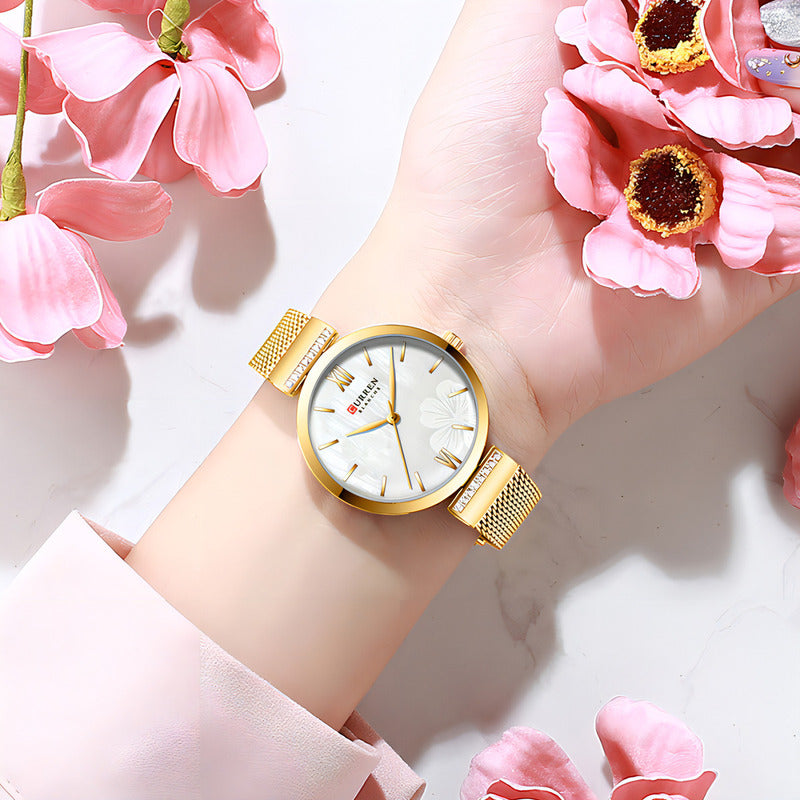 Reloj Curren De Cuarzo Inoxidable De Malla Elegante Para Muj Color De La Correa Dorado Blanco