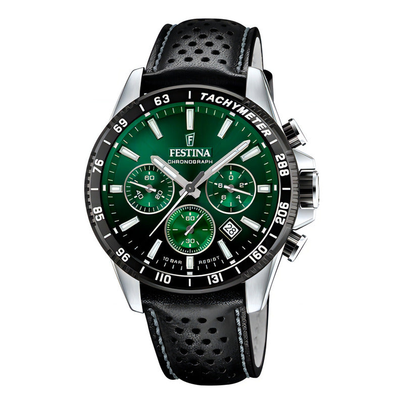 Reloj Festina Hombre Cuero Negro Verde Crono 100mts F20561.5