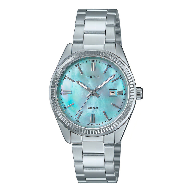 Reloj Casio Para Mujer, Correa De Acero Plateado Y Fondo Azul