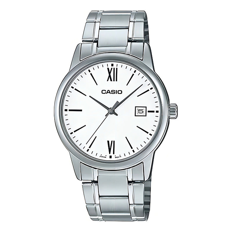 Reloj Pulsera Casio Mtp-v002d-1b3ud Con Correa De Acero Inoxidable Color Gris - Fondo Negro