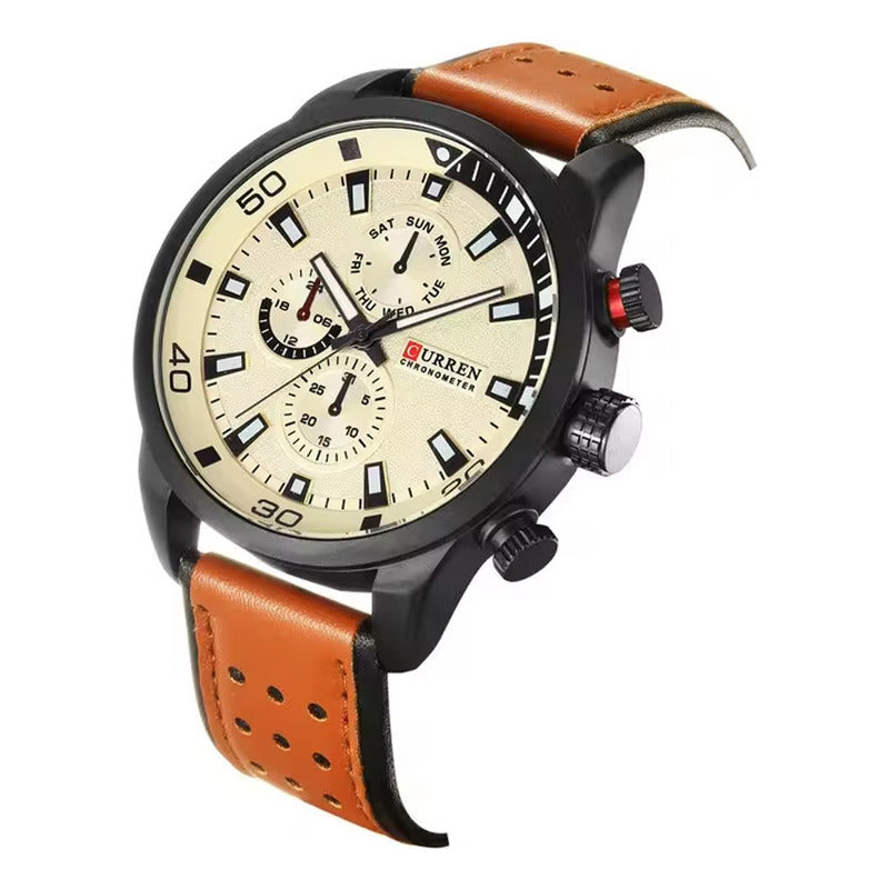 Relojes Curren Cuero Hombre 8250-3 Original Marrón Claro Negro Caqui