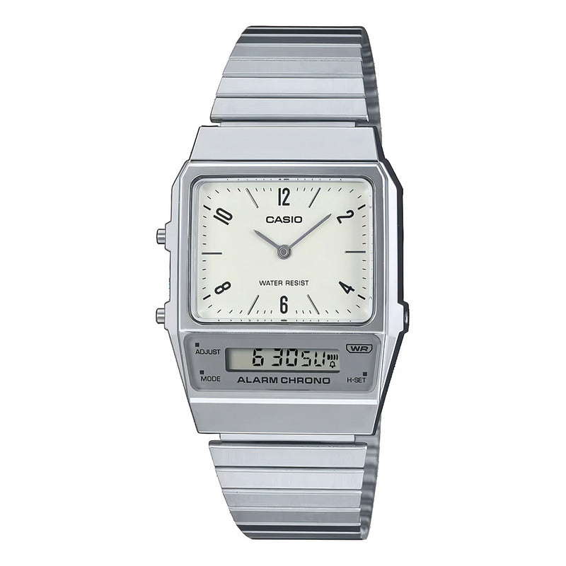 Reloj Analógico-digital Casio Aq-800e-7a2df Para Mujer Con Correa De Acero Plateado Blanco