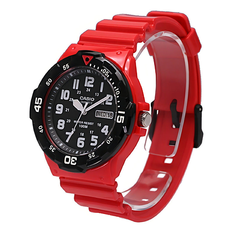 Reloj Hombre Casio Mrw-200hc-4b Análogo Retro / Correa Rojo Bisel Negro Fondo Negro