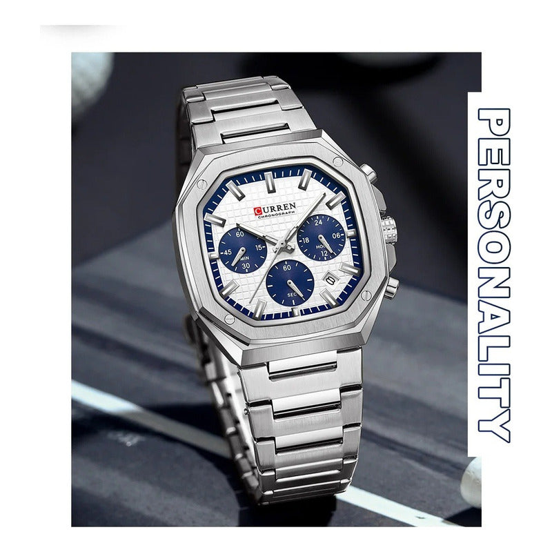 Reloj De Cuarzo Curren 8459-1 Para Hombre, Elegante Plateado Plateado Blanco
