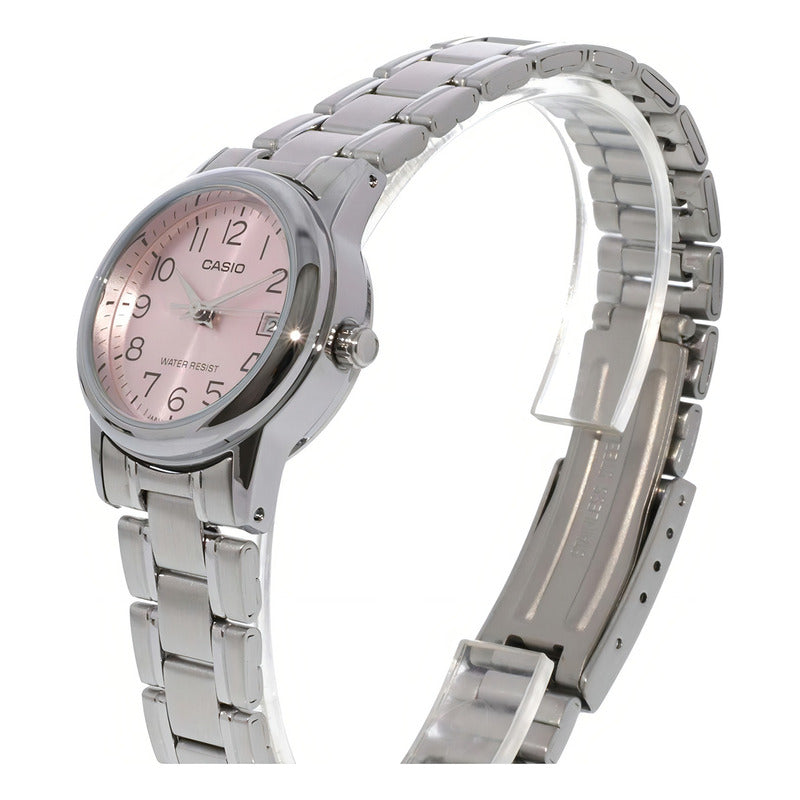 Reloj Casio Ltp-v002d Para Mujer Con Correa De Acero Plateado Y Fondo Rosa Plata