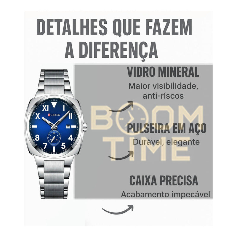Reloj Pulsera Curren 8472 Con Correa De Acero Inoxidable Color Plateado - Fondo Azul