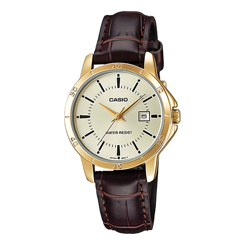 Reloj Casio Ltp-v004gl-9a Mujer Correa Marrón Dorado Dorado Ltp-v004gl-9a