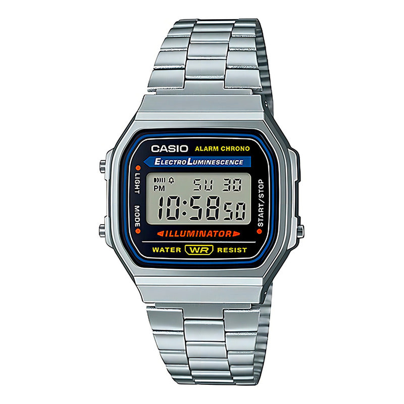 Reloj Pulsera Digital Casio A168wa-1 Con Correa De Acero Inoxidable Color Plateado - Fondo Gris/negro/azul