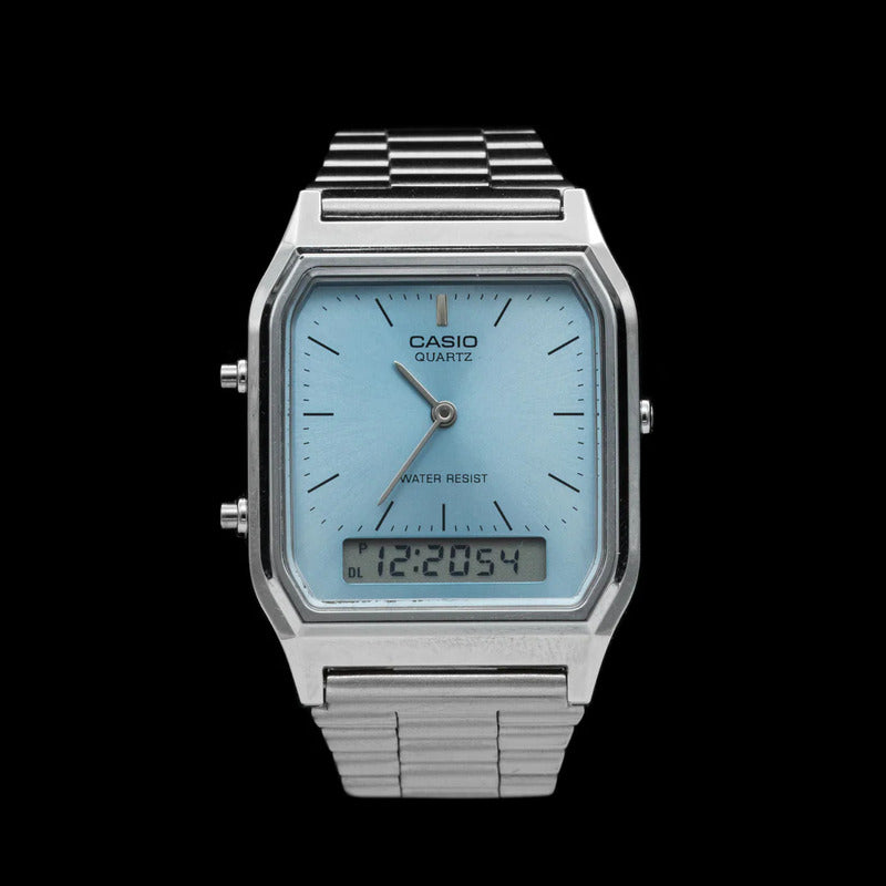 Reloj Casio Vintage Digital De Cuarzo Con Cronógrafo Y Malla De Acero Inoxidable Plateado Celeste