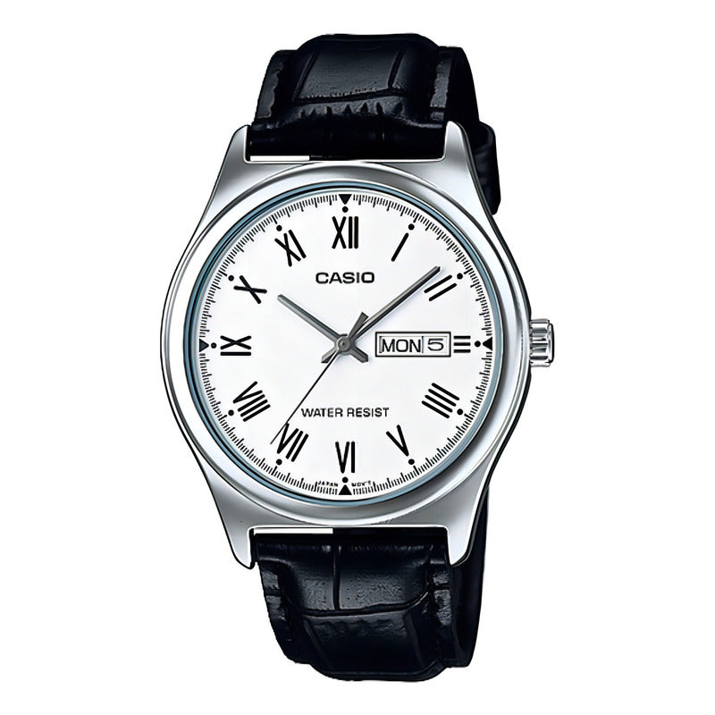 Reloj Casio Clásico De Cuero Para Hombre (números Romanos) Con Correa Negra Negro Plata Blanco