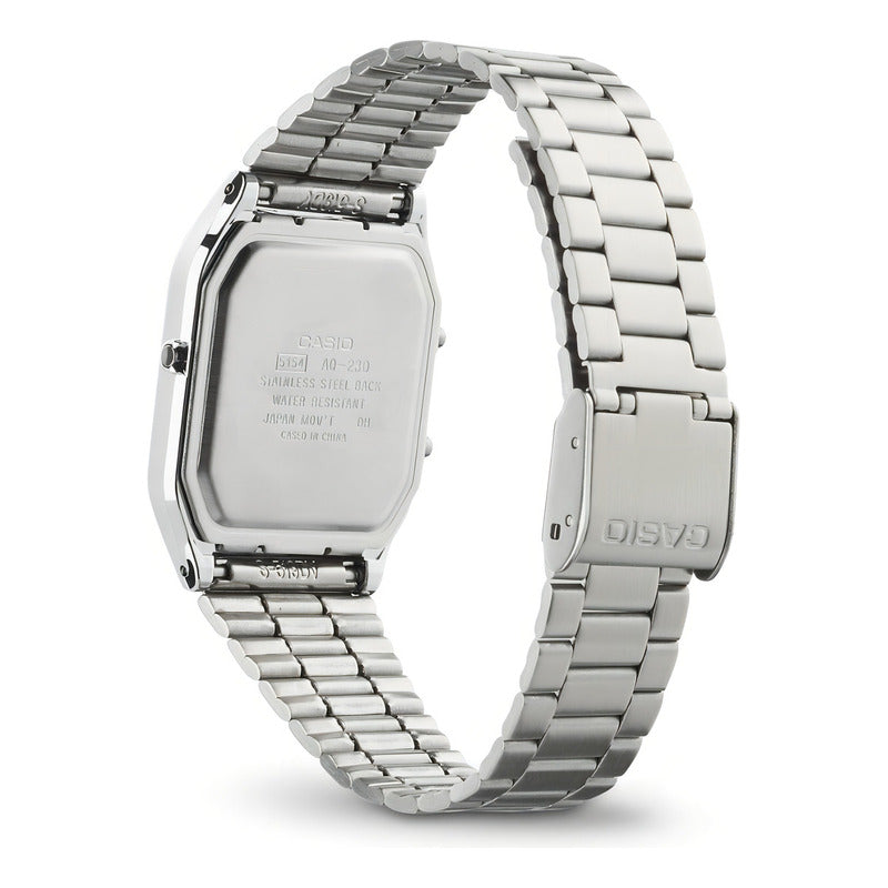 Reloj Pulsera Casio Aq-230 Con Correa De Acero Inoxidable Color Plateado - Fondo Blanco/gris - Bisel Gris