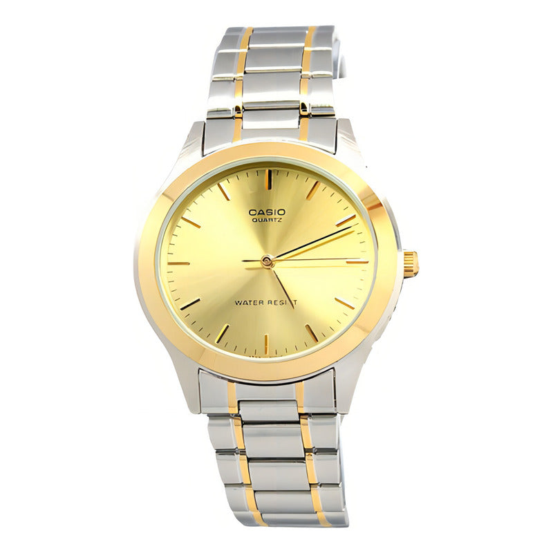 Reloj Mujer Casio Clásico De Agujas Combinado Ltp-1128 Malla Plateado Bisel Dorado Fondo 9a