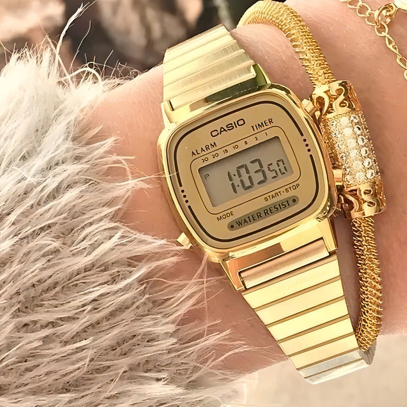 Reloj Casio La_670wga_9 Cuarzo Mujer Color De La Correa Dorado Color Del Fondo Dorado
