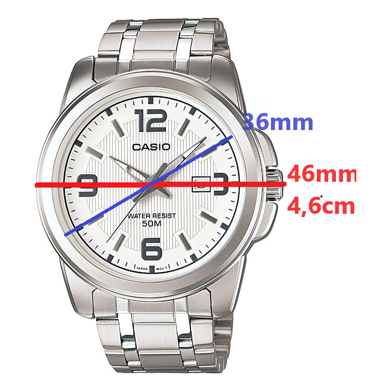 Reloj Pulsera Casio Mtp-1314d-7a Con Correa De Acero Inoxidable Color Plateado Fondo Blanco