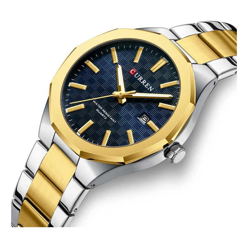 Reloj Curren 8477-3 Metálico Para Hombre Elegante Plateado Dorado Azul Oscuro