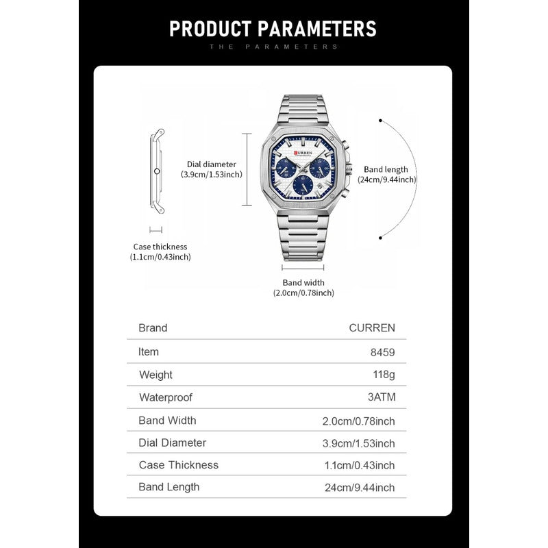 Reloj Curren Esportivo De Acero Inoxidable Plateado Para Hombre Con Cronógrafo Y Calendario Blanco