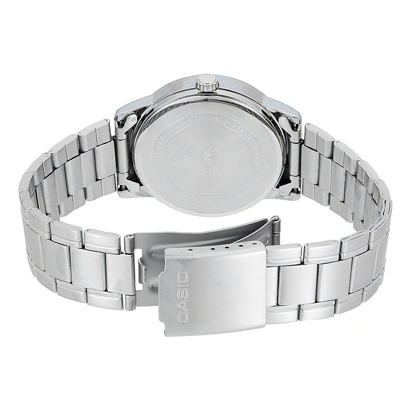 Reloj Pulsera Casio Mtp-v002d-1b3ud Con Correa De Acero Inoxidable Color Gris - Fondo Negro