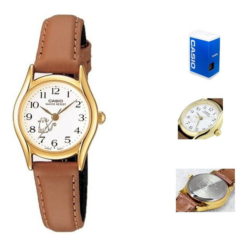 Reloj Casio Ltp-1094q-7b8rd Mujer Correa Piel Marrón Full Dorado Blanco