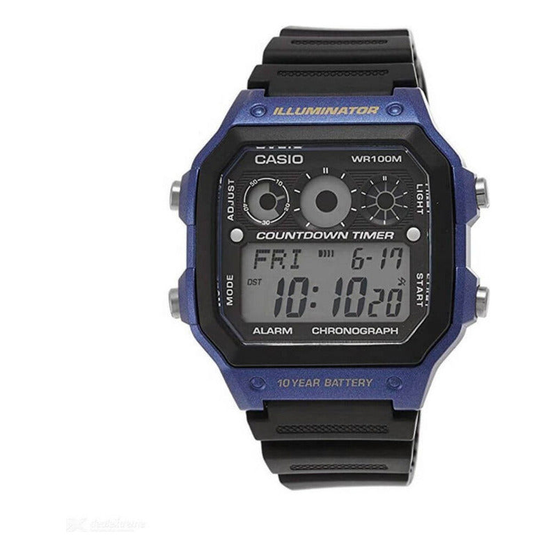 Reloj Pulsera Digital Casio Ae-1300wh-2a Con Correa De Resina Color Negro - Bisel Azul/negro