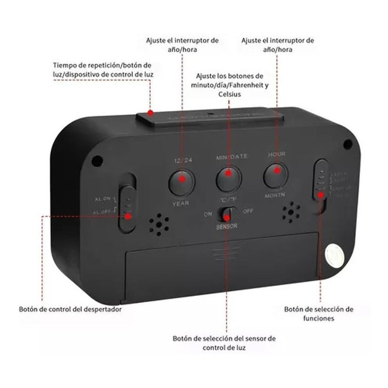 Reloj Despertador Pantalla Led Fecha Temperatura Alarma Negro
